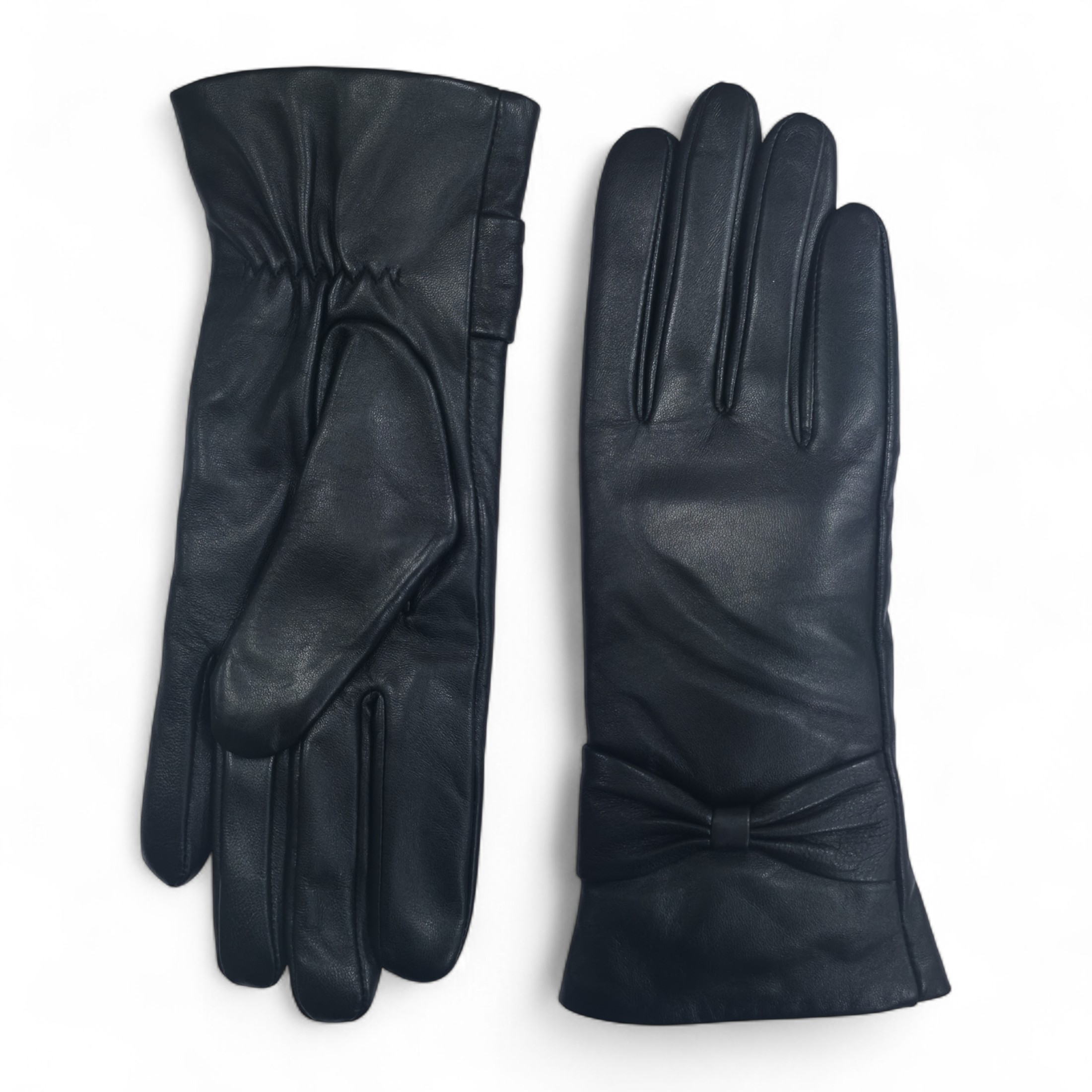 Schwarze italienische Leder-Fahrhandschuhe für Damen mit weichem Wollfutter, Winterdesign und Schleife Image