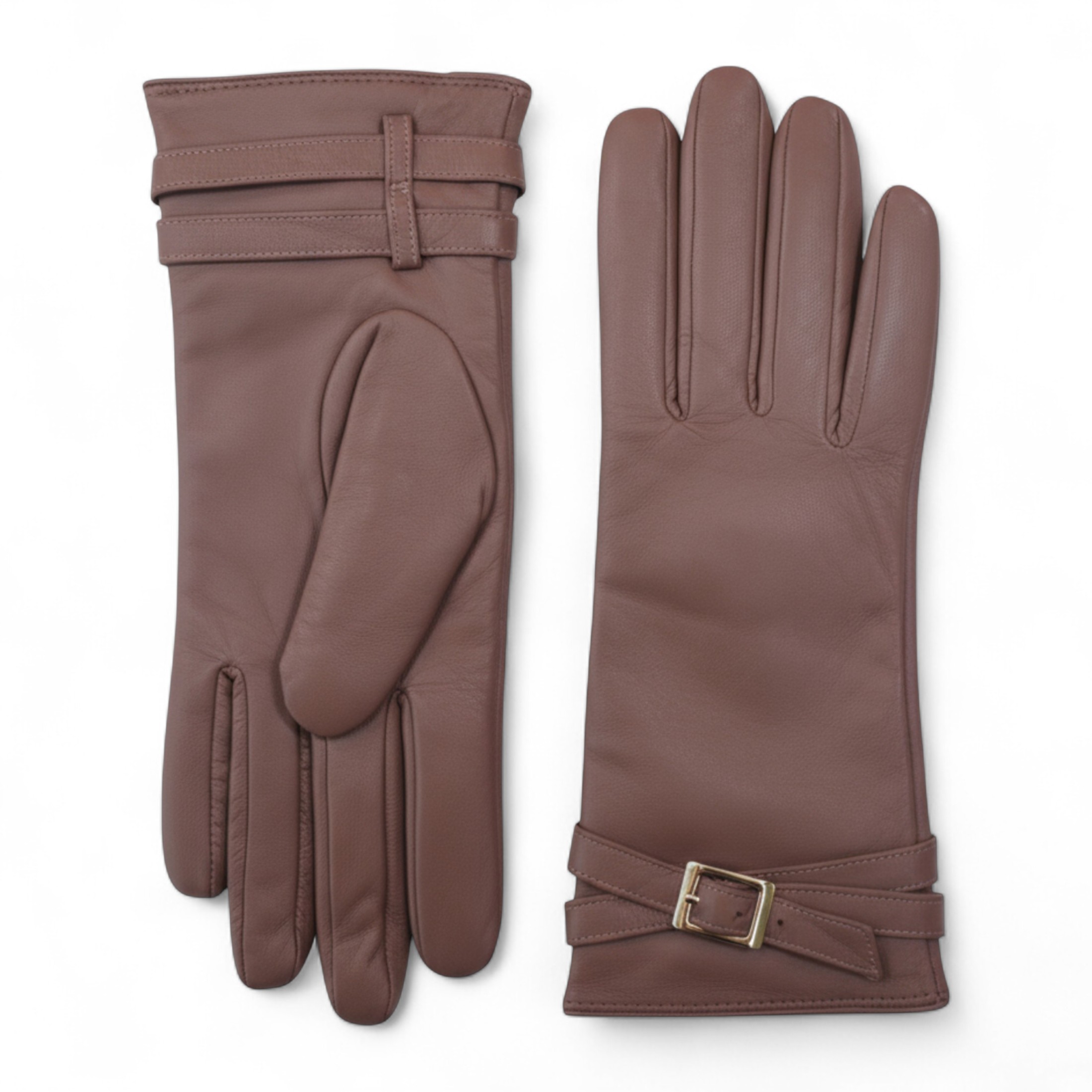 Damen-Winter-Fahrhandschuhe aus nudefarbenem, beigefarbenem italienischem Leder mit weichem Wollfutter und Schnalle Image