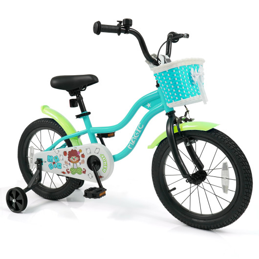 Costway 12/14/16 Inch Kids Bike with Training Wheels and Basket Green Color-16