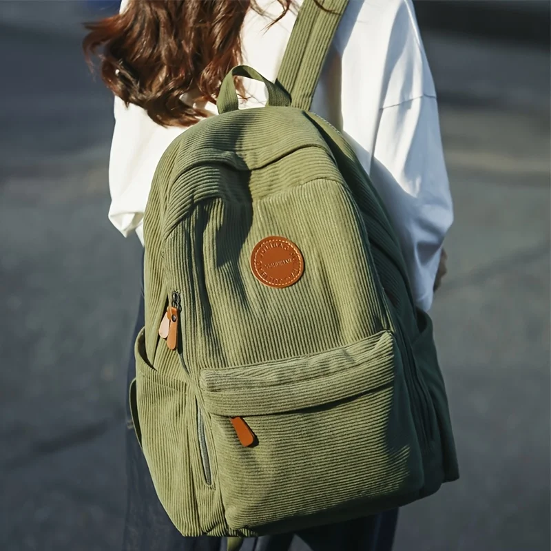 Sac à dos en velours côtelé vert olive pour femme, grande capacité, sac à dos décontracté, travail, école, voyage, cadeau idéal pour les étudiants, école