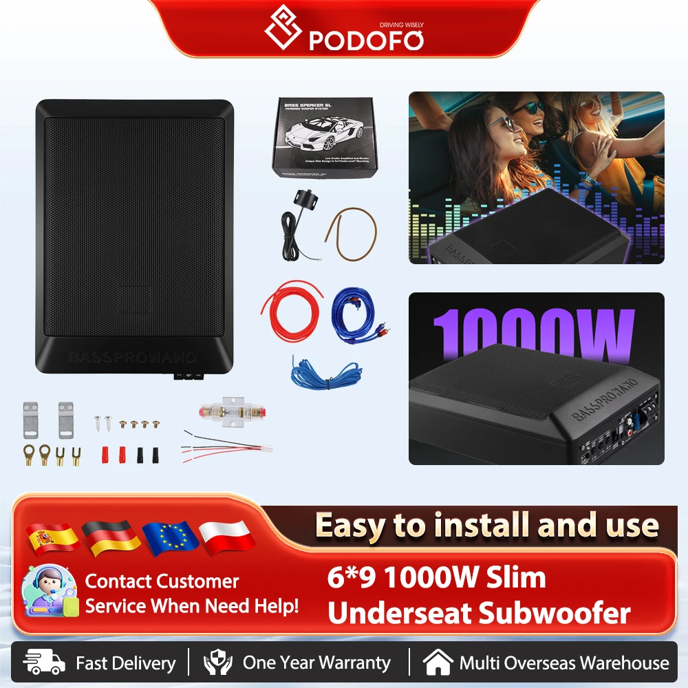 Podofo 1000 W schlankes Untersitz-Subwoofer-Soundsystem, verstärkter Subwoofer, lautes Auto-Audio mit Verstärker für 12 V Auto-LKW Image