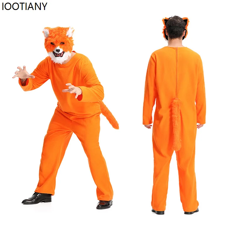 Halloween Kinder Erwachsenen Fuchs Cosplay Kostüm Orange Tier Overall mit Maske Karneval Party Maskerade verkleiden Bühnen spiel Anzug neu Image