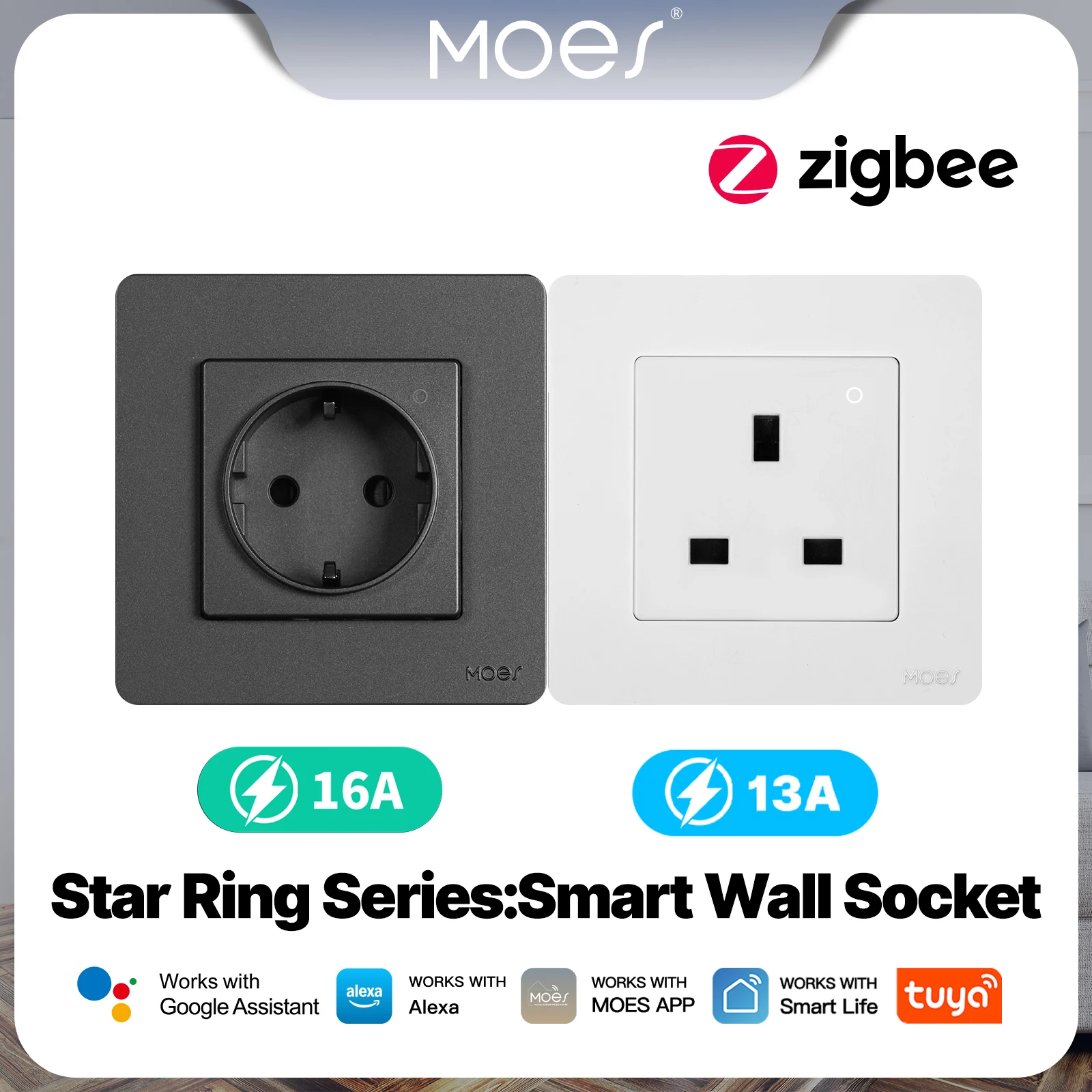 MOES Tuya ZigBee Smart Steckdose EU/UK Embedded Outlet Energie Monitor Anzeige App Fernbedienung Funktioniert mit Alexa GoogleHome Image