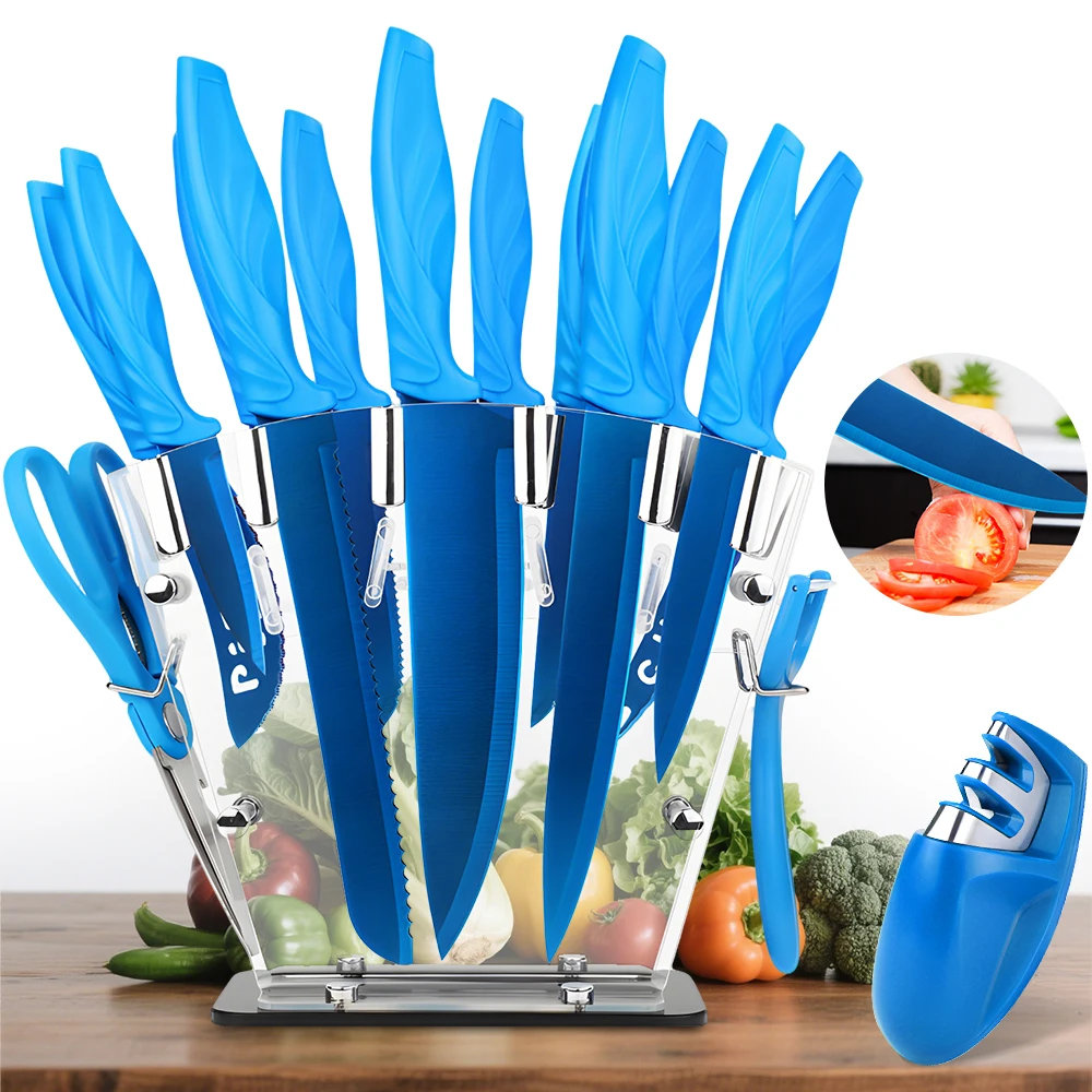 MDHAND Blau 17-teiliges Küchenmesser-Set, rutschfeste Griffe, professionelles Kochmesser, Brot, Steak, Obst, Schäl, Utility-Küchenmesser Image