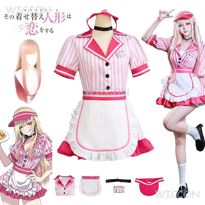 Anime My Dress Up Marin Kitagawa Cosplay Kostüm Perücken Darling Halloween Party Anzug Frauen Rosa Lolita Sexy Maid JK Uniform Kleid