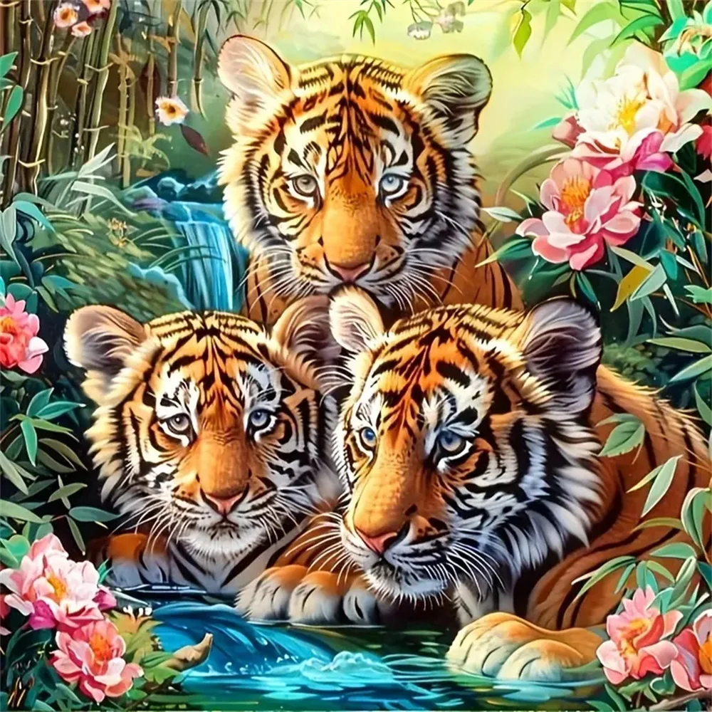 Momoart Vollquadrat Rundes Diamantgemälde Tiger Tier Mosaik Blume Acryl Bastelbedarf DIY Stickerei Heimdekoration Image
