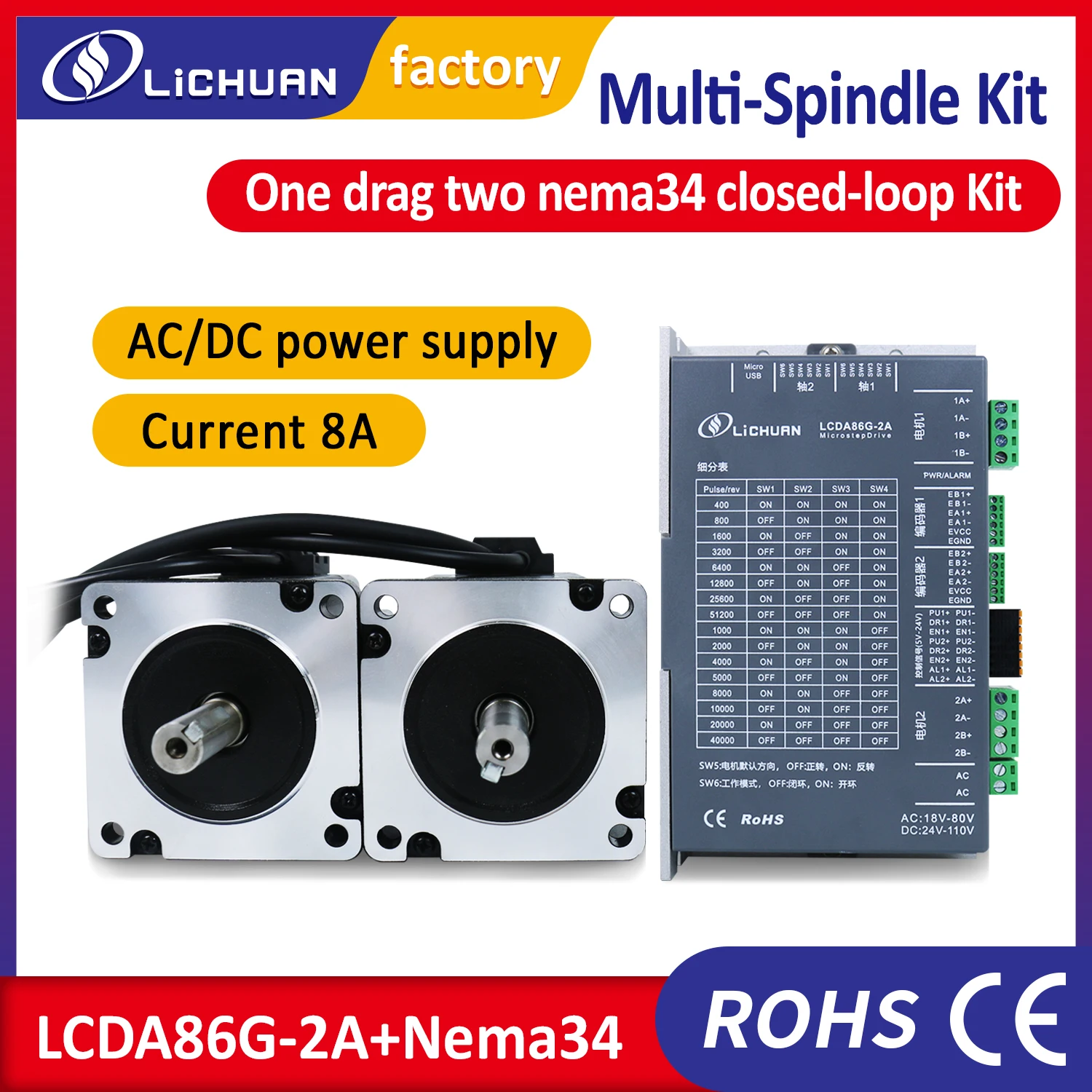 Lichuan 2-Achsen-Nema34-Schrittmotor mit geschlossenem Regelkreis, 86 mm, 4,5 Nm, 6,5 Nm, 8 Nm, 10 Nm, 12 Nm, mit 2-Achsen-Treiber, LCDA86G-2A AC/DC-Leistung, CNC Image