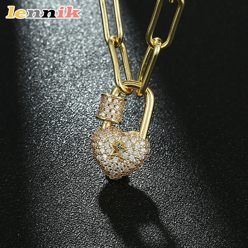 LENNIK 18K Echtgold Halskette für Frauen, europäischer kreativer Mikro-Intarsien-Zirkon-Herz-Schloss-Anhänger, trendiger Ins-Schmuck, meistverkauft Image