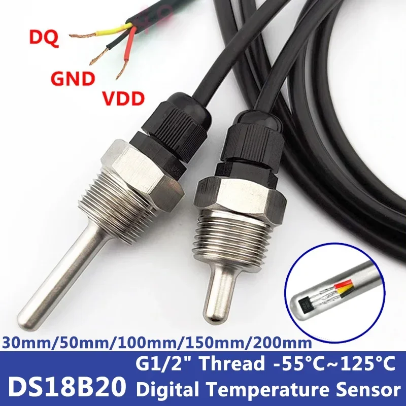 DS18B20 Digitaler Temperatursensor mit G1/2-Zoll-Gewindesondendurchmesser 8 mm, PVC-3-Kern-Draht, SUS304-Edelstahlgehäuse, L30–200 mm Image