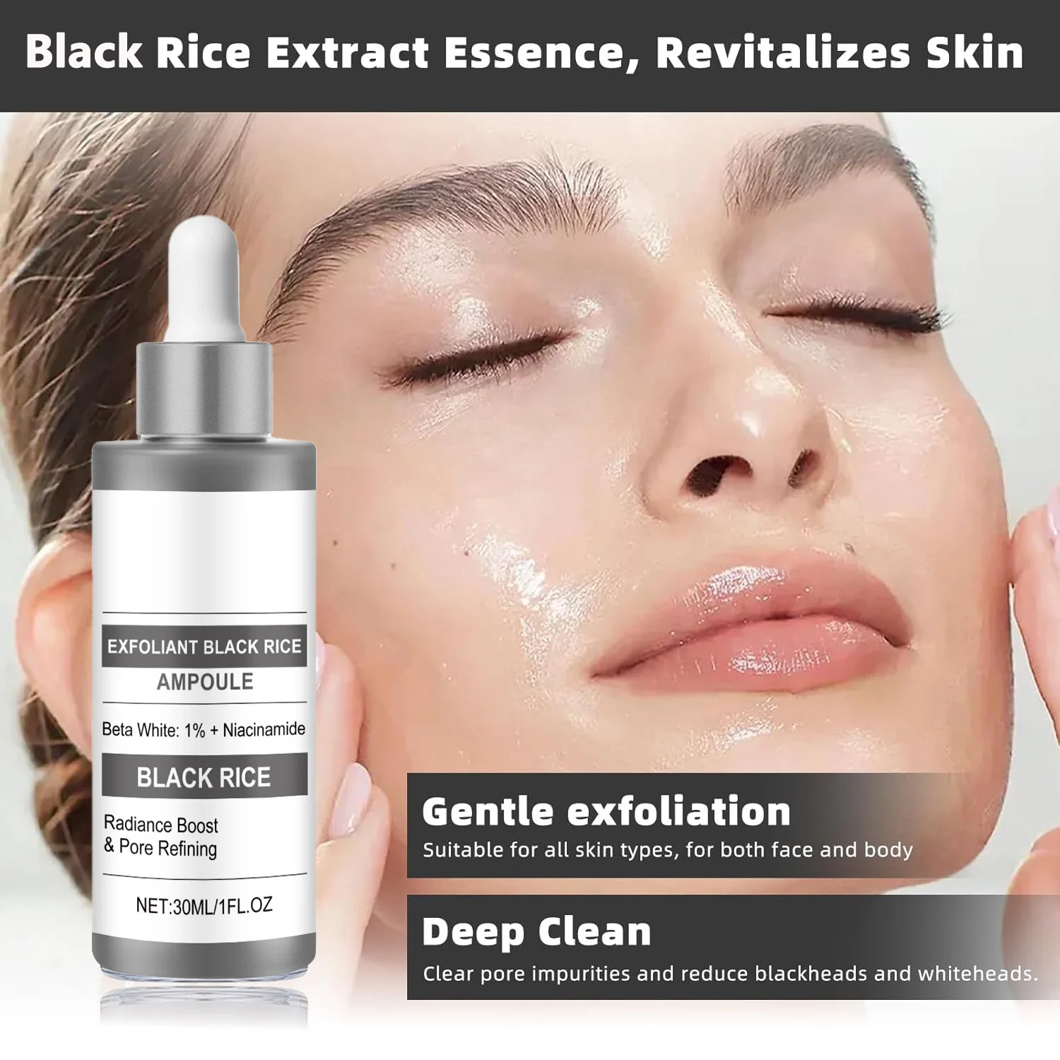 Peeling-Ampullen-Serum aus schwarzem Reis, sanftes Gesichts- und Körperpeeling zur Entfernung abgestorbener Haut, tägliches feuchtigkeitsspendendes Peeling für alle Hauttypen Image