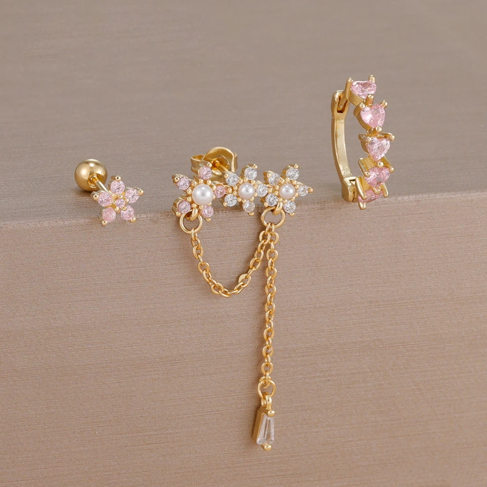 3-teiliges rosa Zirkon-Blume-Set mit langer Quaste, Tropfen-Ohrstecker, für Frauen, baumelnde herzförmige Creolen, Party-Schmuck Image