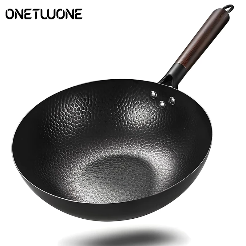 32 cm Wok aus Kohlenstoffstahl, Woks und Bratpfannen mit Deckel, Küchenkochgeschirr für Elektro-, Induktions- und Gasherde, Wok mit flachem Boden Image