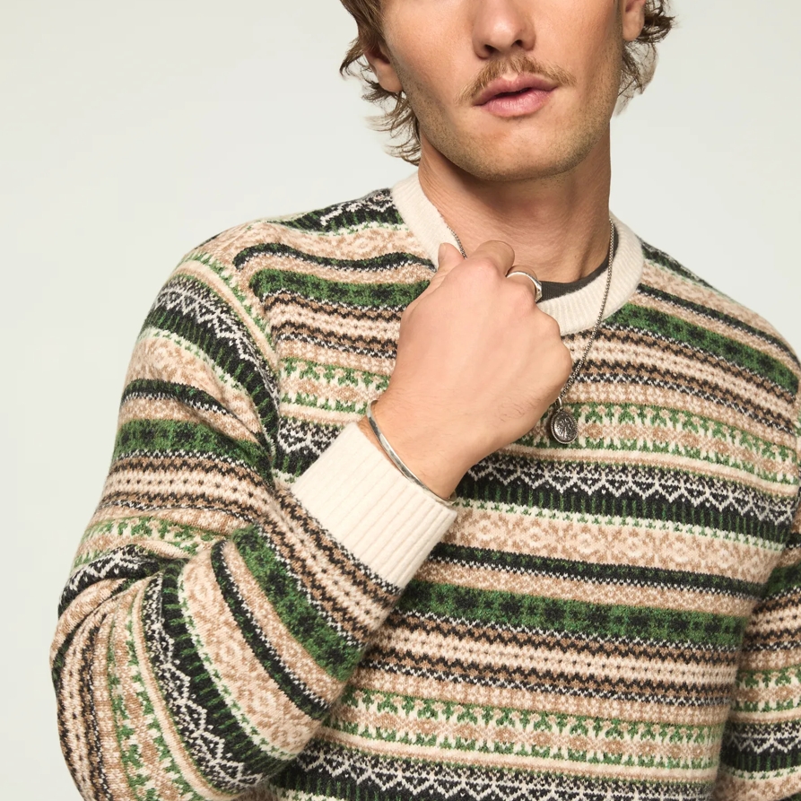 Lucky Brand Fair Isle Crew Sweater - Men's Clothing Outerwear Tops Sweatshirts Crewneck Hoodies in Oatmeal Multi, Size S