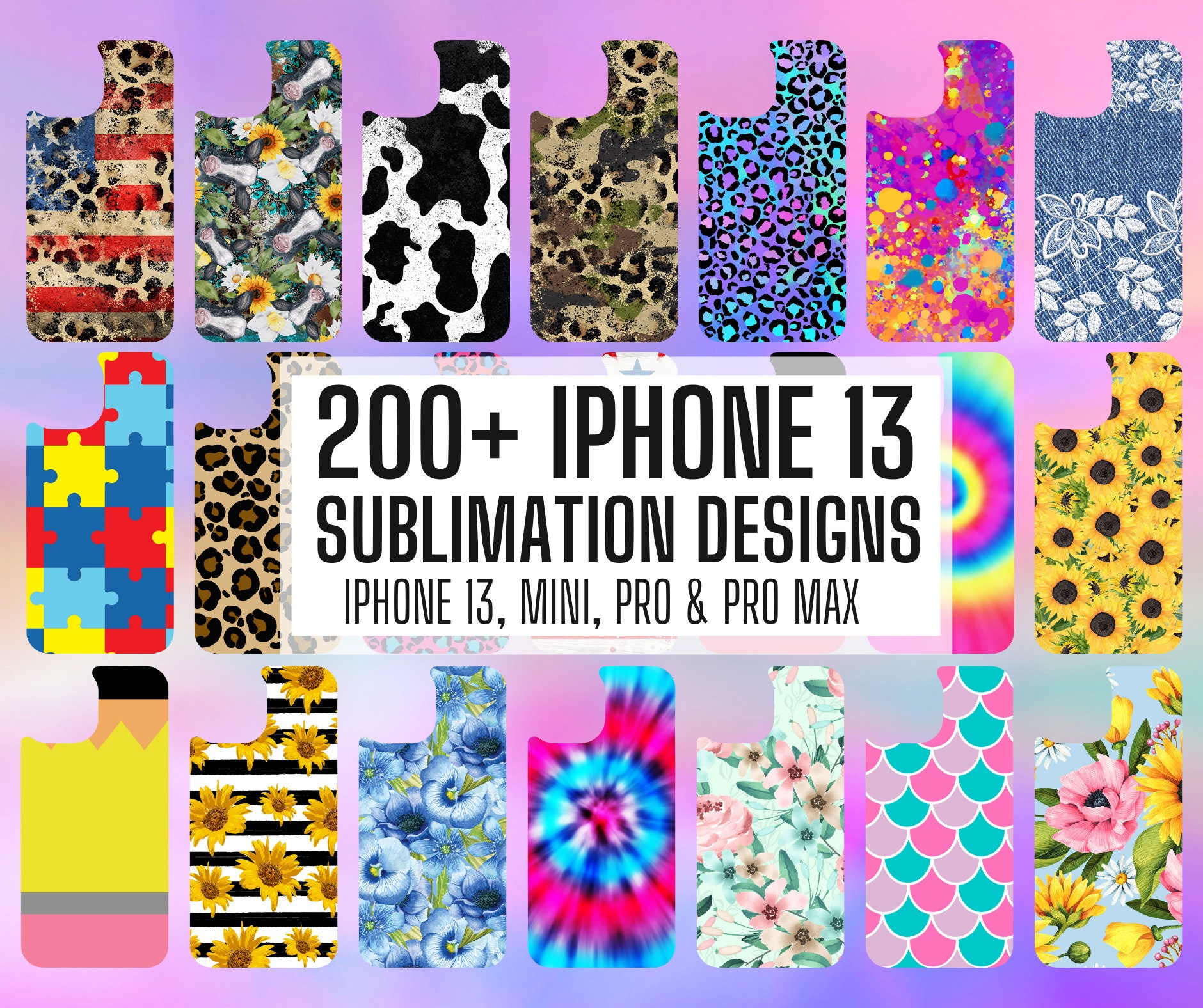 Oltre 200 modelli di sublimazione per iPhone 13, Mini, Pro e Pro Max, modelli di custodie per telefoni con sublimazione, download istantaneo di sublim