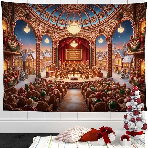 Weihnachtstreppen-Wandteppich – festlicher Wandbehang mit Lichterketten- und Girlandenmuster, winterliche Wohnzimmerdekoration Image