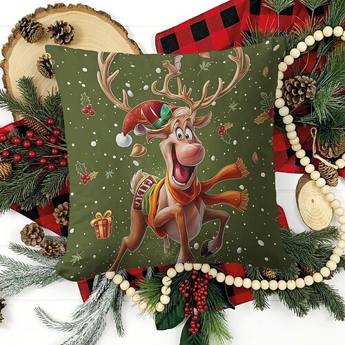 Dekorativer Kissenbezug mit Weihnachtsmotiv und Rentier-Motiv, niedliches Elch-Cartoon-Kissen für Sofa, Bett, Wohnzimmer, Weihnachtsdekoration, Geschenkidee, 2D-Flachdruck Image