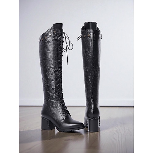 Hochwertige Damen-Schnürstiefel aus Leder mit floraler Prägung, elegante Stiefel mit Blockabsatz für formelle Anlässe und Abendveranstaltungen Image