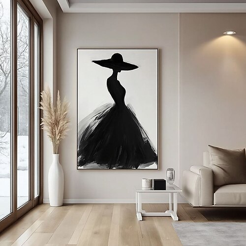 Ölgemälde, 100 % handgemalt, minimalistisch: Frau in schwarzem Kleid und Hut. Elegantes Modebild auf Leinwand, perfekt als stilvolle Wanddekoration für Ihr Zuhause. Ein ideales Geschenk. Image
