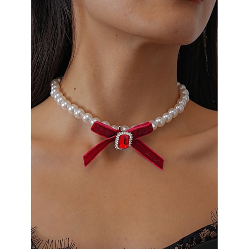 Perlenchoker-Halskette für Damen mit roter Samtschleife – eleganter Vintage-Schmuck für Partys und Abendveranstaltungen Image