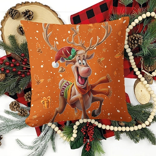 Dekorativer Kissenbezug mit Weihnachtsmotiv und Rentier-Motiv, niedliches Elch-Cartoon-Kissen für Sofa, Bett, Wohnzimmer, Weihnachtsdekoration, Geschenkidee, 2D-Flachdruck Image