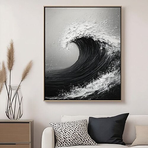 Ölgemälde, handgemalt, strukturierte abstrakte Meereswellenmalerei, handgefertigte Leinwandkunst, schwarz-weißes Meereswellengemälde, minimalistisches schwarzes Kunstwerk, Gemälde für moderne Image