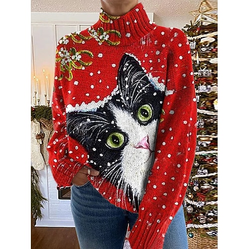 Damen Pullover Täglich Grafik Tiermotiv Schneeflocken Gerippt Rollkragen Gestrickt Druck Langarm Normale Oberteile Stricken Outdoor Wochenende Rote Herbst Winter