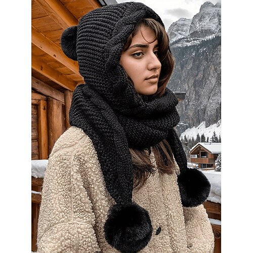 Damen-Weihnachtsstrickschal mit Kapuze – kuschelig gefüttert, mit Bommel-Detail, in verschiedenen Farben erhältlich, perfekt als Weihnachtsgeschenk und für Outdoor-Aktivitäten Image