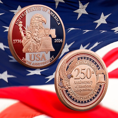 Gedenkmünzen zum 250. Jahrestag – goldene amerikanische Flagge Sammlermünzen mit Freiheitsglockenmotiv, langlebige Jubiläumsmünzen aus Metall für Sammler. Geschenkidee, patriotisches Design Image