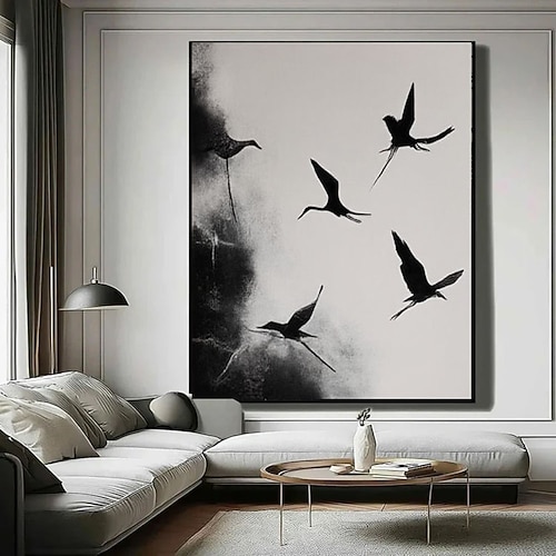 Originales, handgemaltes Ölgemälde auf Leinwand: Ein fliegender Vogel in Schwarz-Weiß. Abstraktes Tiermotiv, moderne Wohnzimmerdekoration, Geschenk für Friedensliebhaber. Image