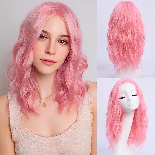 Kurze, gewellte Perücke mit braunen Highlights für Damen, Bob-Stil, Spitzenansatz, hitzebeständig, synthetisches Material – natürliches Aussehen für den Alltag, 35,5 cm (14 Zoll) Image