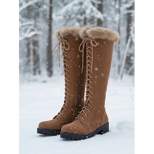 Braune, gefütterte Damen-Schnürstiefel – kniehohe Winterstiefel mit warmem Kunstpelzkragen für Schnee und Urlaub Image