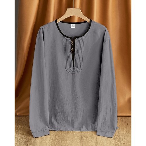 Herren Hemd Leinenhemd Popover-Hemd Freizeithemd Knopfhemd Baumwollhemd Patchwork Urlaub Hawaiianisch Schwarz Weiß Khaki Armeegrün Langarm Stehkragen Frühling Herbst Bekleidung Knöpfe Image