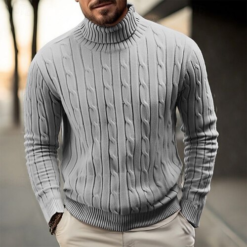 Herren Pullover Strickpullover Gerippt Zopfmuster Stricken Normale Oberteile Gestrickt Einfach Rollkragen Mode Lässig Urlaub Alltagskleidung Bekleidung Herbst Winter Kamel Wein S M L Image