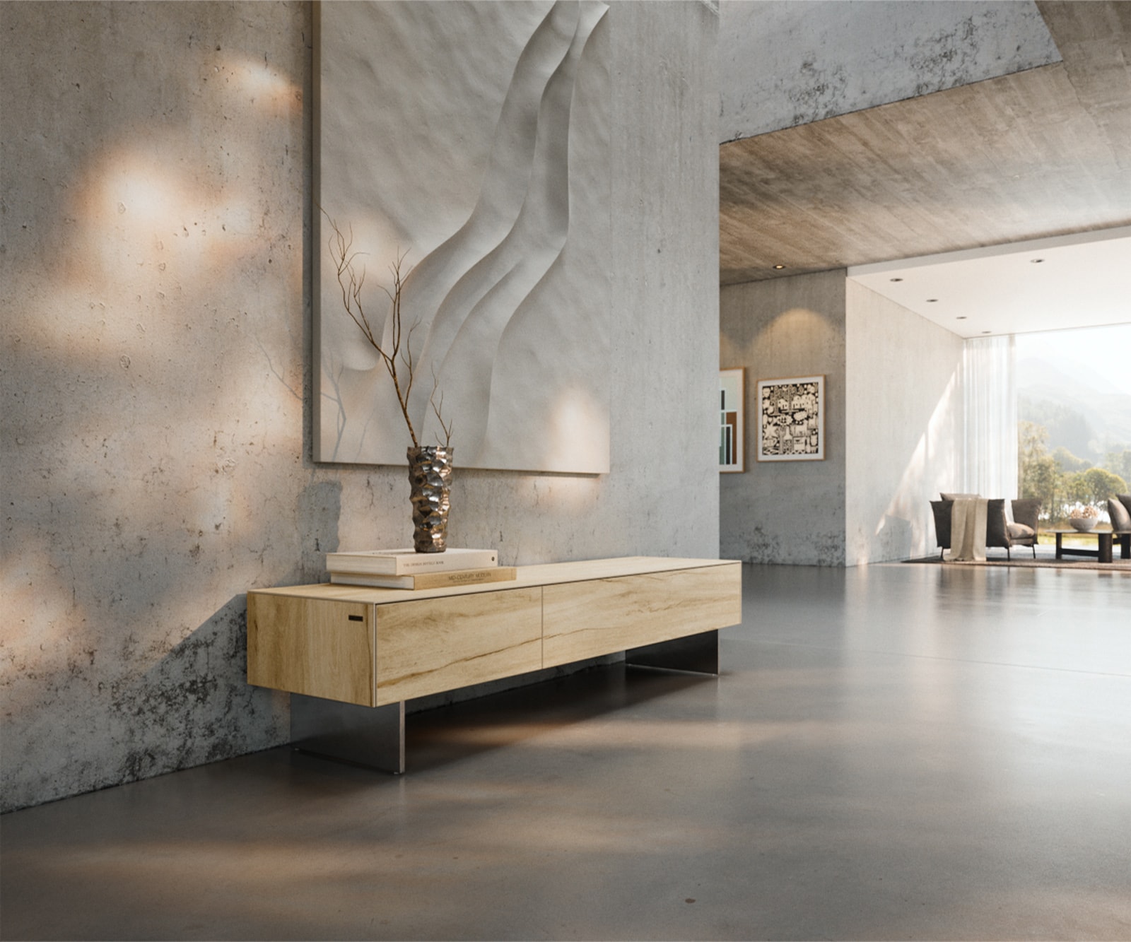 DELIFE Lowboard Cuor 150 cm Keramik Laminam® Sabbia Eichefarbig 1 Klappe 1 Schubfach Fuß Schwebeoptik Edelstahl, Lowboards Image