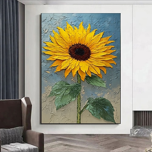 Originales Sonnenblumen-Ölgemälde auf Leinwand, handgefertigte, strukturierte gelbe Blumenwandkunst, handgemalte Impasto-Blütenfeldgemälde, fröhliche Natur, ländliche Dekoration Image