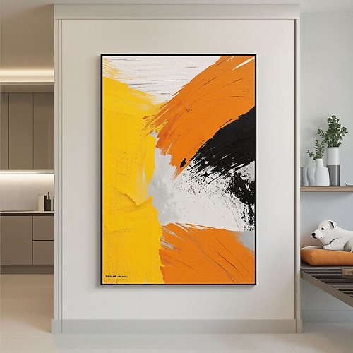 Großes gelbes minimalistisches abstraktes Gemälde mit Textur, schwarz-weiße 3D-Textur, abstrakte Kunst, Acryl-Gemälde, abstrakte Textur, moderne Kunst Image