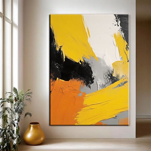 Großes gelbes minimalistisches abstraktes Gemälde mit Textur, schwarz-weiße 3D-Textur, abstrakte Kunst, Acryl-Gemälde, abstrakte Textur, moderne Kunst Image