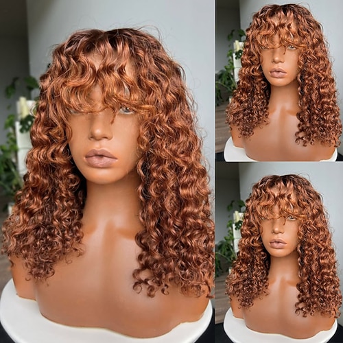 Remy Echthaar 5x5 Verschluss 13x4 Spitzenfront Perücke Mit Pony Brasilianisches Haar Lockig Mehrfarbig Perücke 130% 150% Haardichte Ombre-Haar 100% Unbehandelt Kleberfrei Vorgerupft Für Damen Lang Image