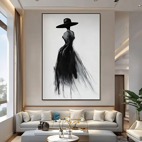 Ölgemälde, 100 % handgemalt, minimalistisch: Frau in schwarzem Kleid und Hut. Elegantes Modebild auf Leinwand, perfekt als stilvolle Wanddekoration für Ihr Zuhause. Ein ideales Geschenk. Image