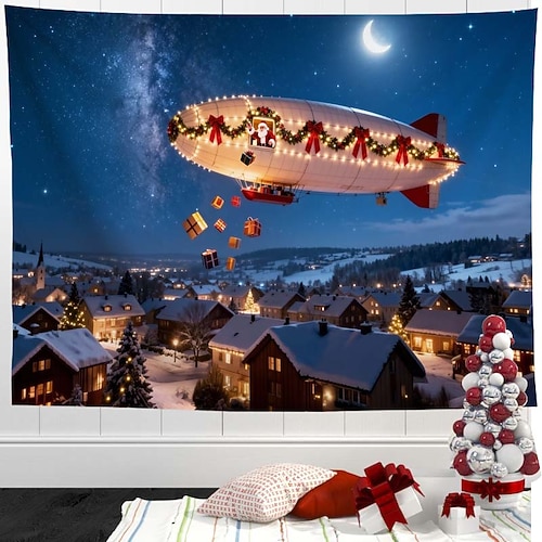 Weihnachts-Wandteppich mit Luftschiff und Kreuzfahrtschiff – festlicher Wandbehang für die Feiertage, dekorativer Wandteppich mit Weihnachtsmann und Schneelandschaft für Schlafzimmer und Wohnzimmer Image