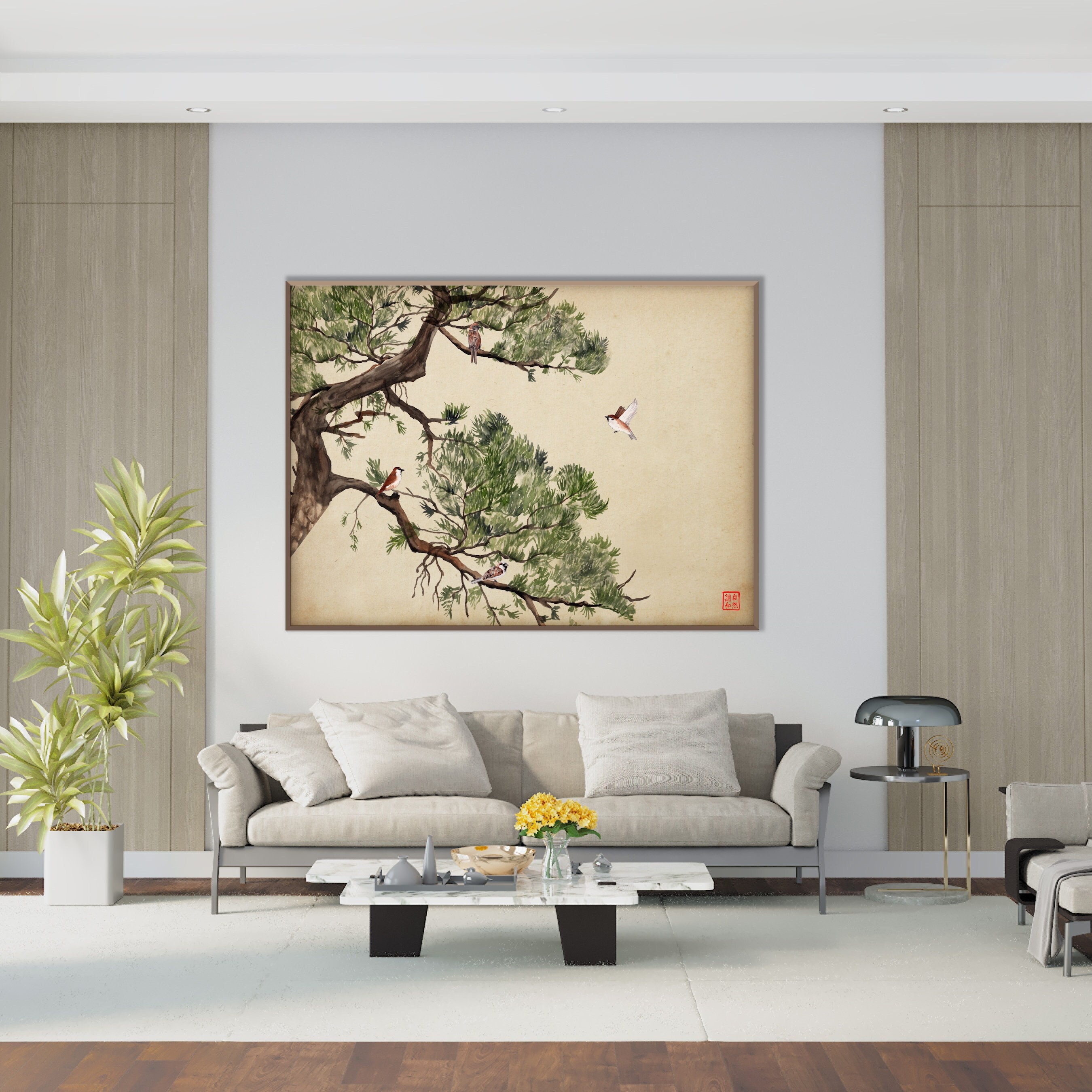 Stampa di pini e passeri giapponesi, paesaggio asiatico orientale, inchiostro acquerello Sumi E Art Minimal Zen Feng Shui, decorazione da parete, rega