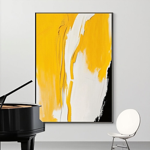Großes, handgemaltes abstraktes Leinwandbild in Gelb, Weiß und Schwarz, handgefertigtes Acryl-Ölgemälde für moderne Wohnzimmerdekoration, zeitgenössisches Wandbild, Wandkunstbild Image