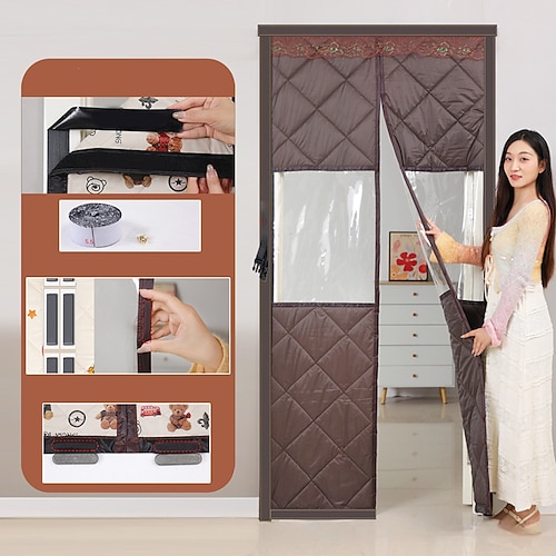 Magnetische Fliegengittertür, Winter-Baumwoll-Türvorhang, verdickte, wärmeisolierende, winddichte Trennwand für Zuhause, kältebeständig, magnetischer Verschluss, Zugluftstopper, Raumteiler Image
