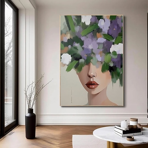 Großes, handgemaltes abstraktes Porträt-Ölgemälde auf Leinwand, minimalistisch strukturiertes Ölgemälde, Mädchenbild, Leinwandkunst, modernes Frauengesicht, hochwertige Wohnzimmerdekoration Image
