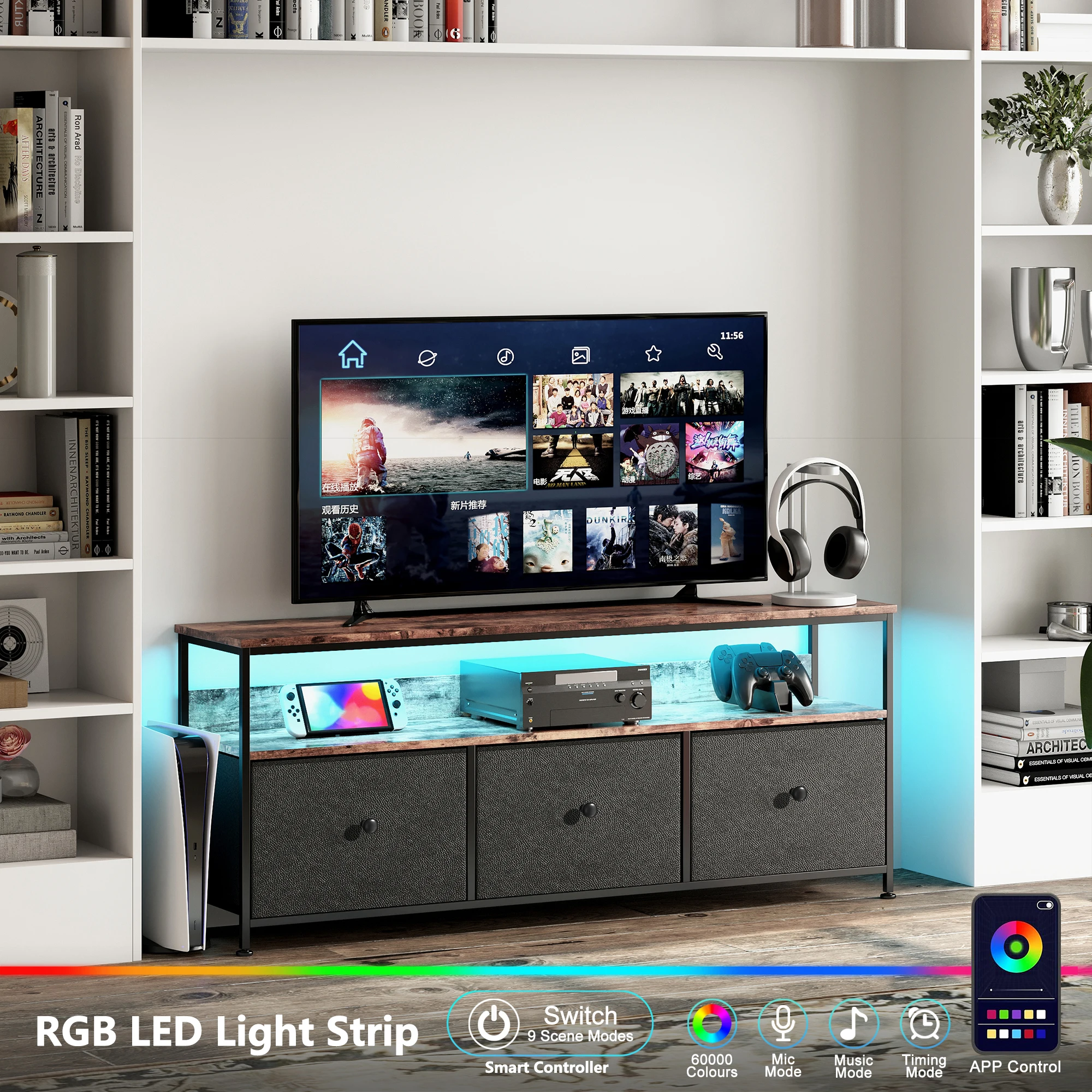 Rosahqnda Meuble TV, meuble TV, 108 x 30 x 57 cm, meuble de rangement pour TV 54 pouces, salon, meubles de chambre à coucher