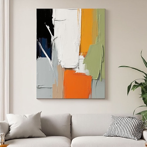 Originales Ölgemälde, handgemaltes abstraktes Acrylgemälde, schwarz-weiß-orangefarbenes abstraktes Ölgemälde, mehrfarbiges Leinwandgemälde, farbenfrohe, strukturierte Wandkunst, große orangefarbene Image