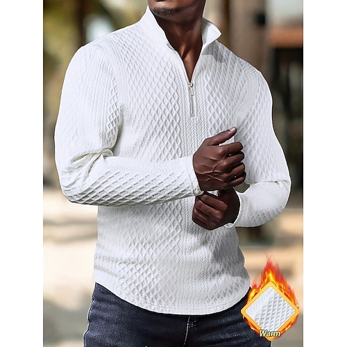 Herren T Shirt Langarm Viertelreißverschluss Herbst Winter Einfarbig Textur Strickware Täglich Lässig Reißverschluss Rundhalsausschnitt Outdoor Lässig Athleisure Weiß Top T-Shirt für Herren Image