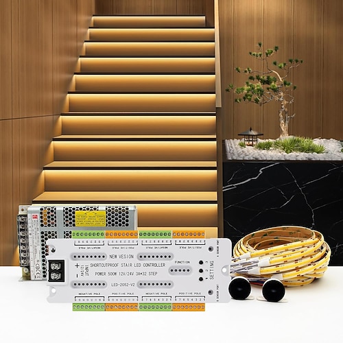 Intelligentes, bewegungsaktiviertes LED-Treppenbeleuchtungsset mit 10–24 kürzbaren COB-LED-Streifen (1,25 m) für den Innenbereich, inklusive Schalter und Steckerkabel. Image