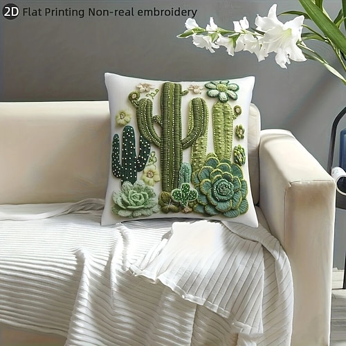 Kissenbezug im Vintage-Stil mit 2D-Flachdruck-Design (Kakteen und Topfpflanzen), einseitig bedruckt, 45 cm (18 Zoll), dekoratives Kissen für Sofa und Wohnzimmer. Image