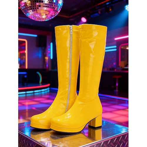 Lila Damen-Kniestiefel aus Lacklederimitat – stylisches Reißverschlussdetail, klobiger Absatz, Retro-Disco-Stil der 80er Jahre für Partys, Ausgehen und gewagte Fashion-Looks Image